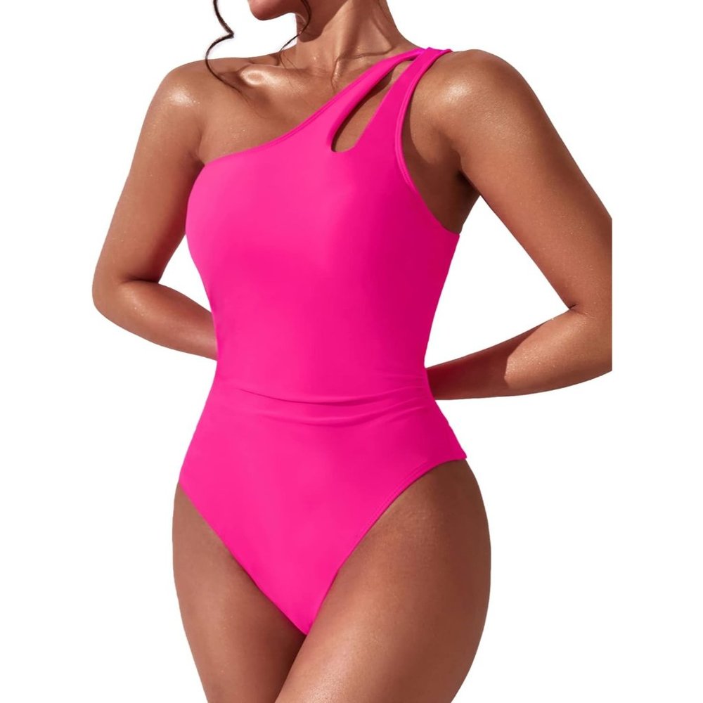 Women's Hot Pink One Shoulder One Piece Modest Full Coverage Keyhole Swimwear